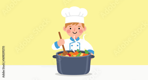 Happy cartoon chef stirring a large pot of delicious food.