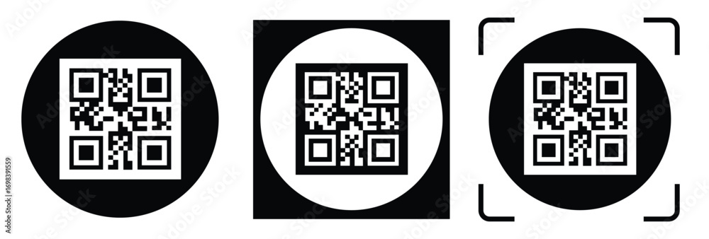 Obraz premium Minimalist QR code scanner icon set featuring three black and white variations with scan frames and mobile scanning concept. Clean flat vector symbols for apps, payment, barcode, technology, and UI de