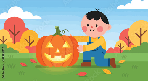 Happy young boy kneeling next to a carved Halloween pumpkin.