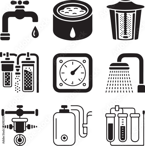 Set of nine detailed home water system components on a white background water filter water purifier