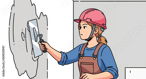 Illustration of a female construction worker plastering a wall.