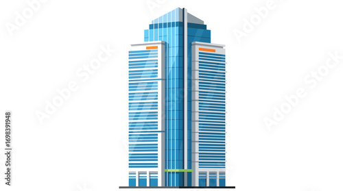 Modern glass skyscraper building isolated on a white background.