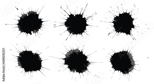 Six black ink splatters or blots arranged in two rows on a white background, showing varying shapes and textures.