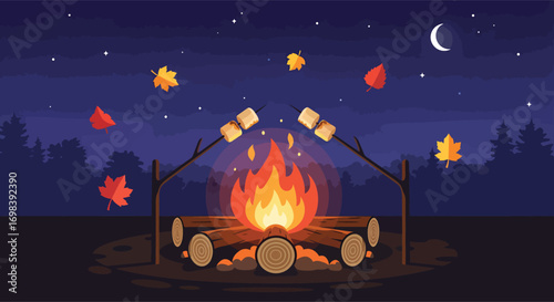 Roasting marshmallows on sticks over a warm campfire.