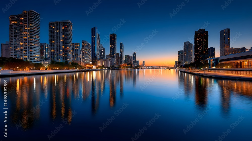 Obraz premium Stunning City Skyline Reflected on Calm Water at Night with Illuminated Buildings and Twilight Sky