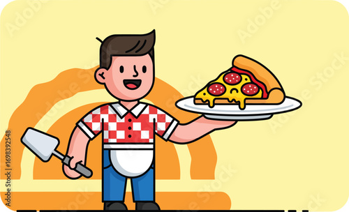 Smiling Cartoon Pizza Maker Holding a Slice of Pepperoni Pizza.