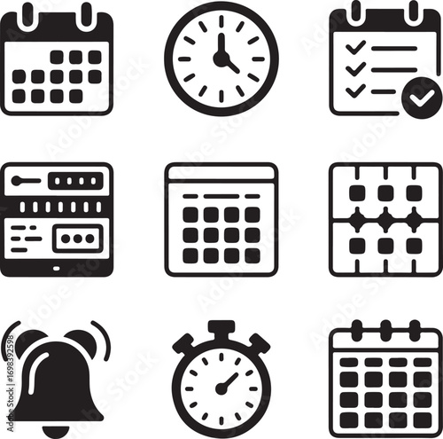 Set of nine detailed digital timetable icons with transparent background schedule clock