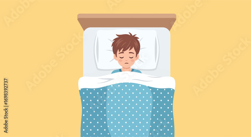 Top down view of a young man with insomnia trying to sleep.