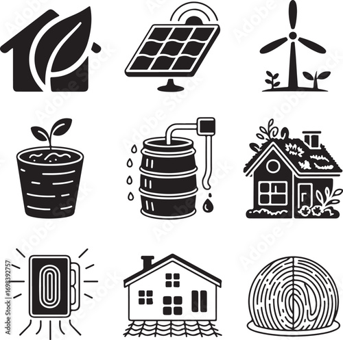 Nine Detailed Eco Housing Icons with Transparent Background sustainable living green building