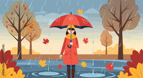 Woman in a red coat holding an umbrella on a rainy autumn day.