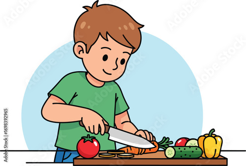 Young boy carefully chopping fresh vegetables on a cutting board.