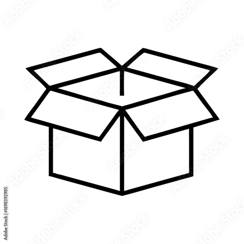 Open cardboard box icon for delivery service, shipping, moving, and online shopping concept. Simple black outline vector symbol