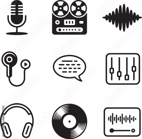 Silhouette of a vintage microphone with a sound wave on a white background retro audio