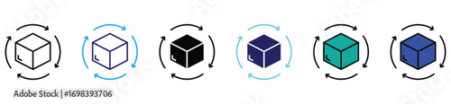 3D cube rotation icon set, outline and filled style symbols for apps and websites