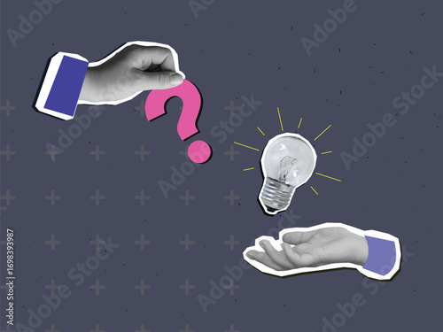 Black and white hands with a question mark and light bulb. Modern photo collage style. Vector illustration