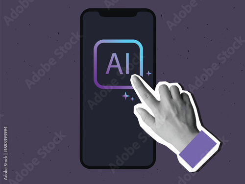 Black and white hand presses the button with a text AI on a phone screen. Use of artificial intelligence. Modern photo collage style. Vector illustration