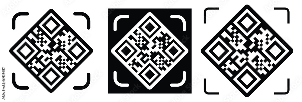 Fototapeta premium Minimalist QR code scanner icon set featuring three black and white variations with scan frames and mobile scanning concept. Clean flat vector symbols for apps, payment, barcode, technology, and UI de