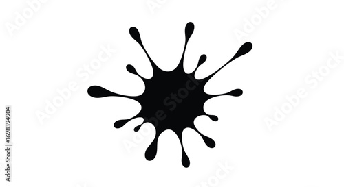 Black ink blot with splatters emanating outwards against a white background, creating an abstract design.
