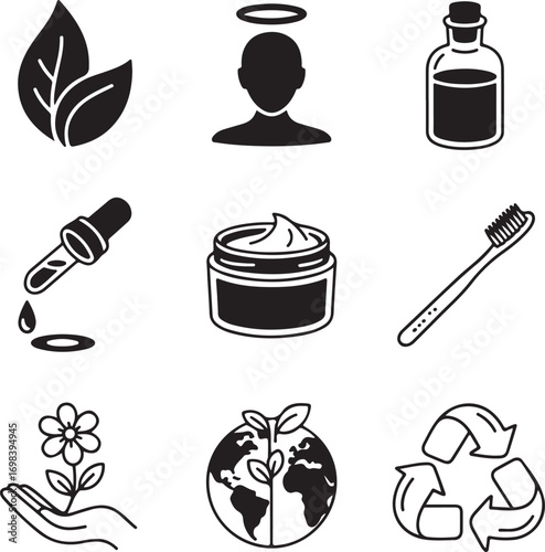 Set of Nine Detailed Ethical Beauty Product Icons with Transparent Background beauty products cosmetics