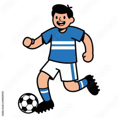 Illustration of boy football /soccer player with blue and white jersey kit and black shoes with smile