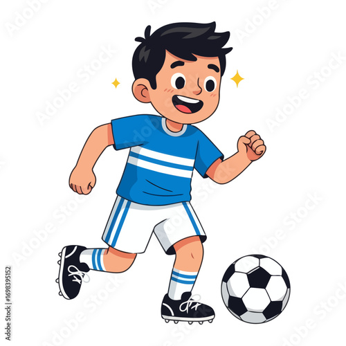 Illustration of boy football /soccer player with blue and white jersey kit and black shoes with smile