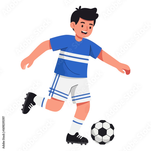 Illustration of boy football /soccer player with blue and white jersey kit and black shoes with smile