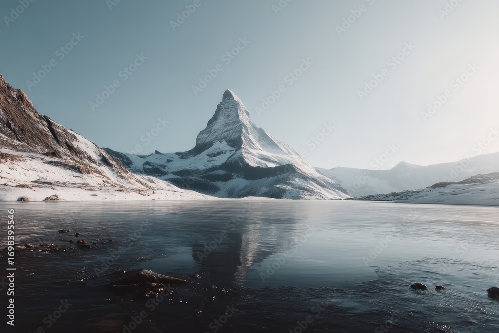 Fototapeta premium Snow-capped mountain reflected in a calm lake under a clear sky, surrounded by snowy terrain and rocky slopes