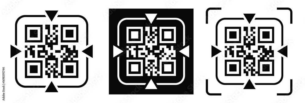 Fototapeta premium Minimalist QR code scanner icon set featuring three black and white variations with scan frames and mobile scanning concept. Clean flat vector symbols for apps, payment, barcode, technology, and UI de