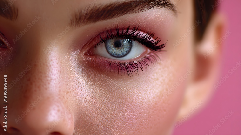 Fototapeta premium Close-Up Portrait of a Young Woman's Eye with Glamorous Makeup and Soft Pink Background