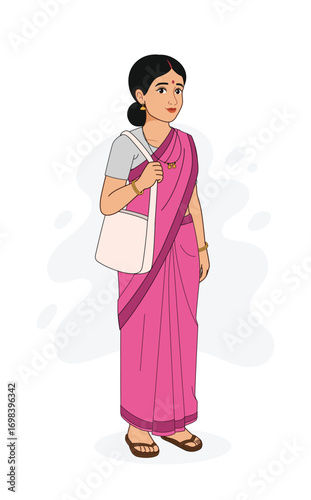 Indian social worker character illustration. Indian Health Worker. Indian Asha. Indian NGO Worker. Indian. Indian rural woman in saree carrying a bag.