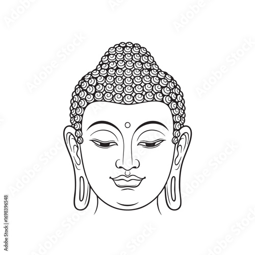 Minimalist Vector Illustration of Buddha Head with Curly Hair in Monochrome Style for Spiritual and Wellness Branding