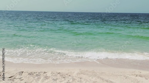 Water waves Sea Shore Beautiful Panorama white sand beach and turquoise water View.
Holiday summer beach background, Wave of sea on White sandy beach.
Timelapse Heavy Water Waves on Sandy Public Beach