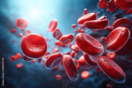 Red blood cells flow through a vessel in a vibrant, detailed microscopic view with a glowing blue background