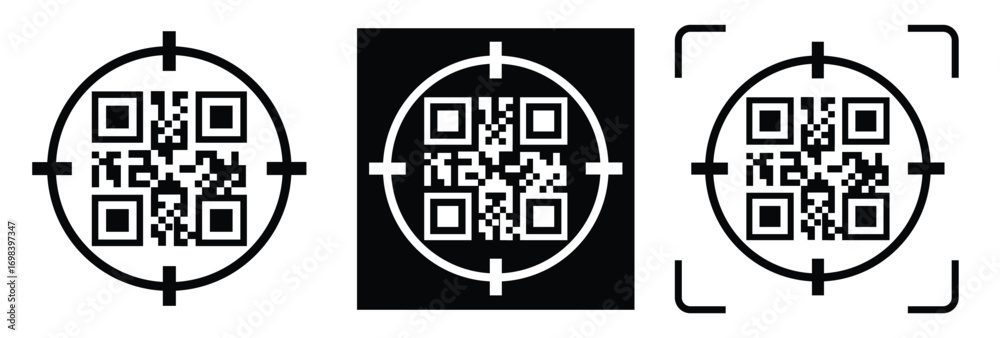 Obraz premium Minimalist QR code scanner icon set featuring three black and white variations with scan frames and mobile scanning concept. Clean flat vector symbols for apps, payment, barcode, technology, and UI de