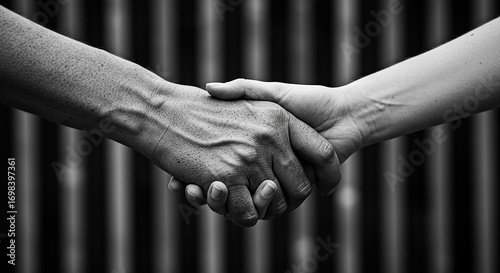 Powerful black and white photograph capturing a symbolic handshake between two individuals, representing trust, unity, agreement, and the strength of human connection and partnership
