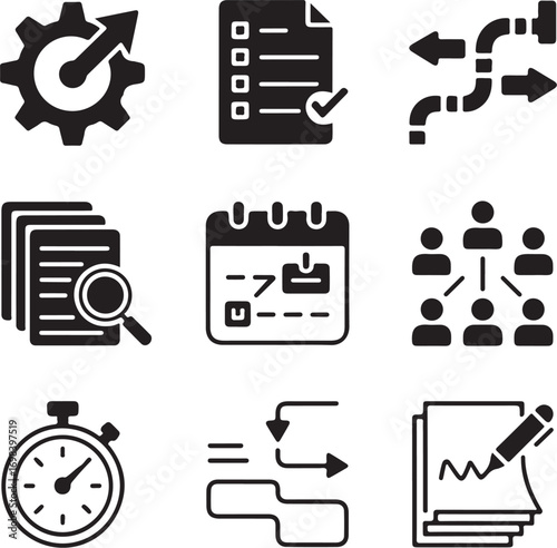 Set of nine detailed workflow icons with transparent background graphic