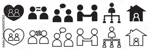 Community and teamwork line icon collection. Icons representing community, teamwork, collaboration, support, networking, and social interaction for digital projects and designs. vector illustration.
