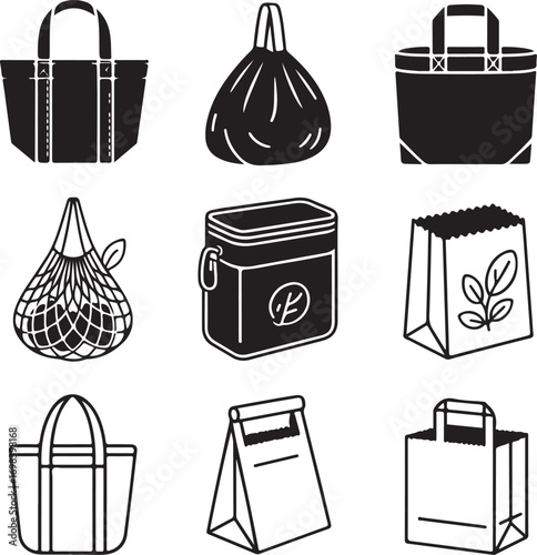 Set of Nine Detailed Eco Shopping Bags Silhouette with Transparent Background eco bag reusable bag