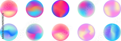 Color gradient abstract shape colors blend mesh with neon light, vector shapes. Color blend gradation texture, holographic iridescent round circles with liquid vibrant gradient.