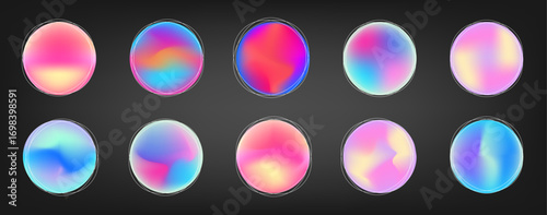 Color gradient abstract shape colors blend mesh with neon light, vector shapes. Color blend gradation texture, holographic iridescent round circles with liquid vibrant gradient.
