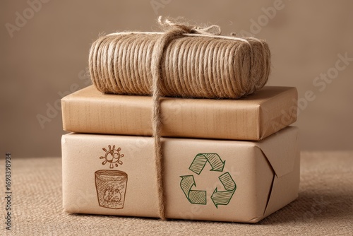 Sustainable packaging concept. Packages tied with twine, featuring eco-friendly symbols and textures.