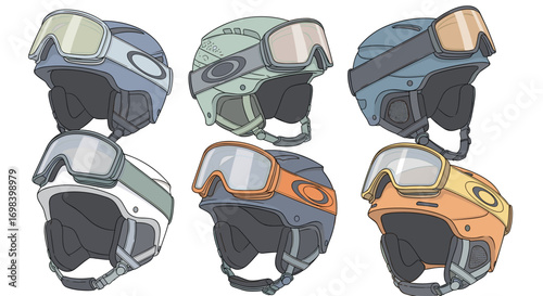 Set of ski and snowboard helmets with goggles in flat illustration