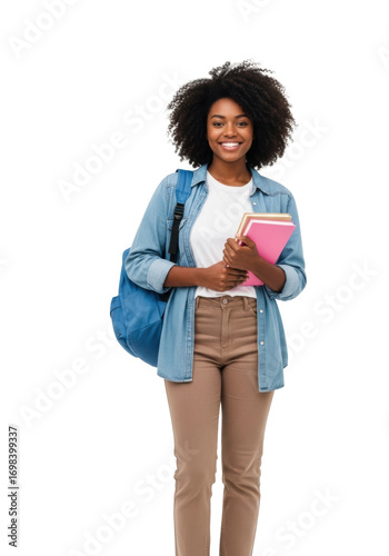 Young african-american woman, curly hair, white t-shirt, denim shirt, brown pants, holding books and blue backpack, smiling confidently against transparent studio background with copy space, concept