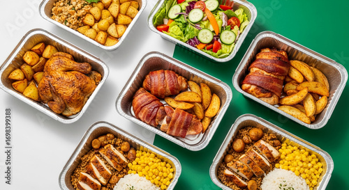 Overhead shot of assorted meals in aluminum containers, showcasing chicken, potatoes, salad, and rice dishes.  Represents food delivery, takeout, or meal prep services.