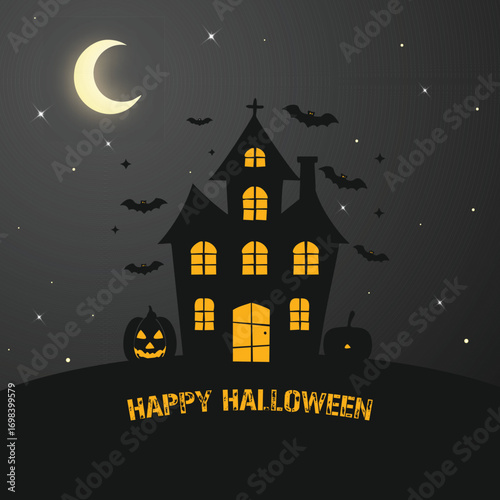 Happy Halloween greeting card. Spooky haunted house silhouette with a crescent moon and bats on a dark night background.