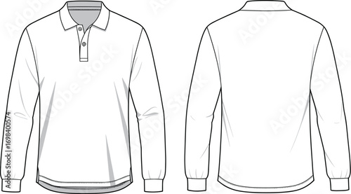 Vector fashion flat sketch illustration of a men's long sleeve polo t-shirt with ribbed cuffs and collar.