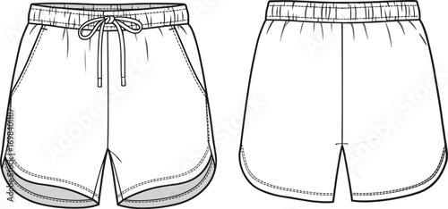 Vector fashion flat sketch illustration of sporty elastic waist running shorts with drawstring and curved hem with two-tone stripes detail.