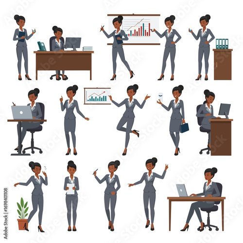 Diverse Poses of a Black Businesswoman in a Gray Suit