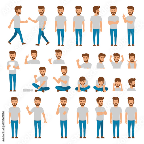 Diverse Poses and Expressions of a Bearded Man in Casual Wear