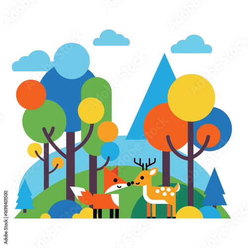 Friendly Fox and Deer Meeting in Meadow.